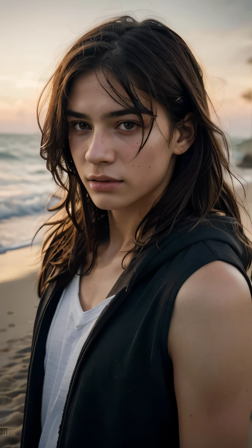 (8k, RAW photo, best quality, masterpiece:1.2), (realistic, photo-realistic:1.37), ultra-detailed, masterpiece HDR high quality Picture a young boy, 17 years old, handsome man, long black messy hair to his shoulder, sharp eyes, blue hoodie, walking on the beach, expressing a sense of perplexity and curiosity, with a touch of humor, creating a warm and relaxed atmosphere, captured in high resolution (best quality, 4k), with ultra-detailed features, realistic colors, and a touch of bokeh, reminiscent of a candid snapshot.