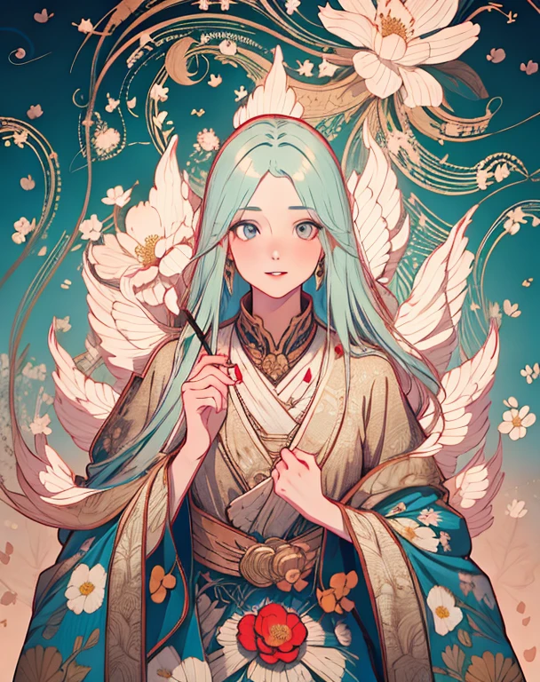 (best quality,4k,8k,highres,masterpiece:1.2),ultra-detailed,realistic:1.37,a painting of a woman with long hair and a flower in her hand,ccxl-mucha,Chandra / Magic the Gathering Art / fire Flames,portrait,soft colors,vibrant lighting,beautiful detailed eyes,beautiful detailed lips,graceful pose,vivid flowers flowing hair,wisps of flames,subtle mystical aura,flowing dress,delicate brushstrokes,elegant composition,luminous background