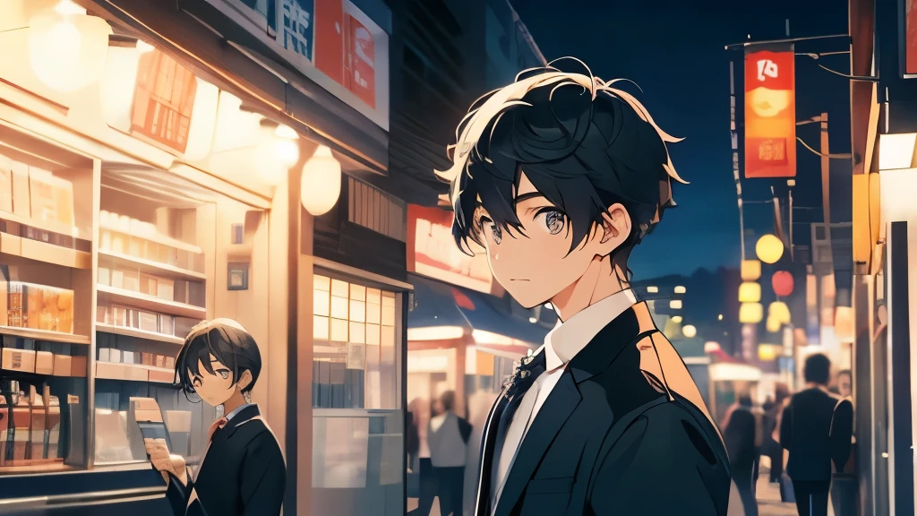 24-year-old office worker、Hair is black、He is tall、eyes are big、Eyes are black、suit figure、Refreshing、Handsome guy、night、convenience store、walking