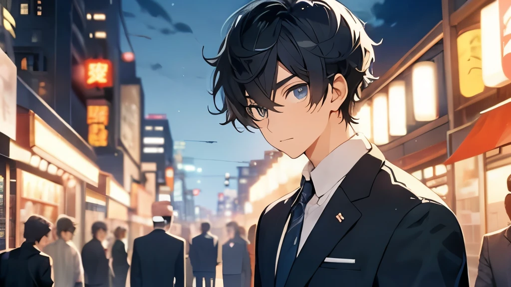 24-year-old office worker、Hair is black、He is tall、eyes are big、Eyes are black、suit figure、Refreshing、Handsome guy、night、convenience store、walking