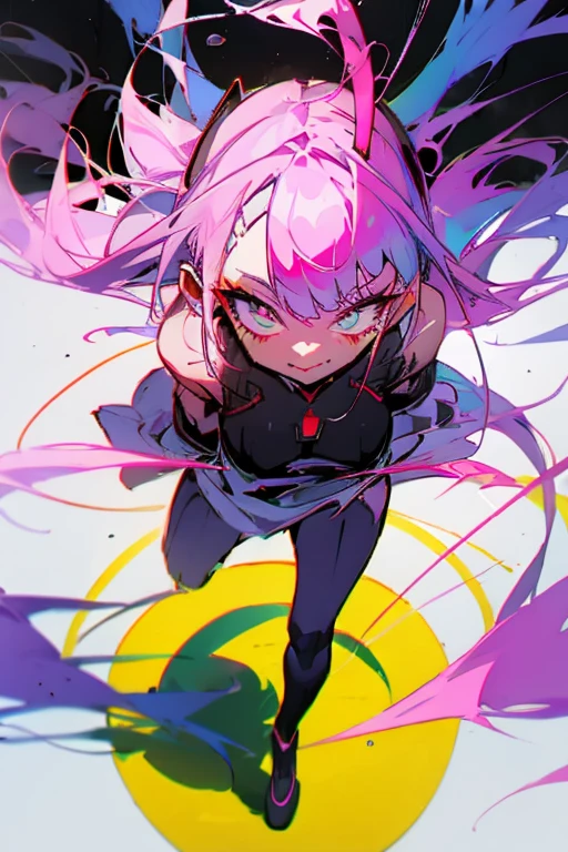 sweet chinese girl, rainbow hair, pink lips, （whole body 3.0）， dynamic background，（ Dynamic Pose 0.8）(dynamic angle:1.4)Black hair, (floating_long_hair:1.3), tied up with hair bobbles, (wince:1.2) in a thoughtful expression, (longeyelashes:1.4), long and lush, solid circle eyes with a subtle, intriguing wink, (fake animal ears:1.2), attached to the head as an accessory, light, playful smile with a hint of mischief, ear blush adding a touch of warmth, (fang:1.2) peeking out from the lips, Surrealism style, (drop shadow:1.3) enhancing the depth and dimension, anaglyph and stereogram creating a sense