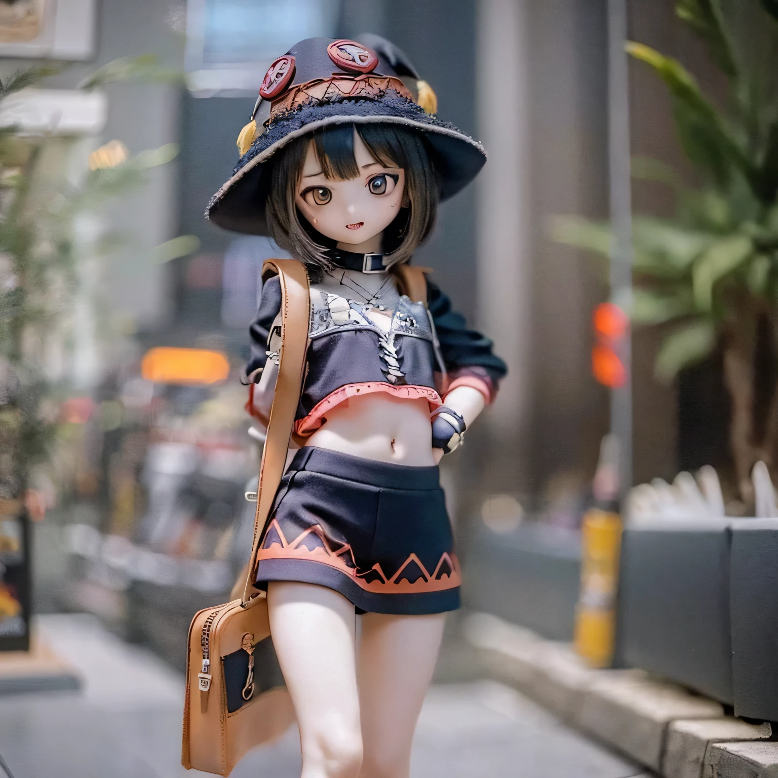 A cute Megumin girl in Contrapposto pose, wearing a big flat hat, photorealistic, highly detailed, 8K, natural lighting, vibrant colors, fantasy, digital art