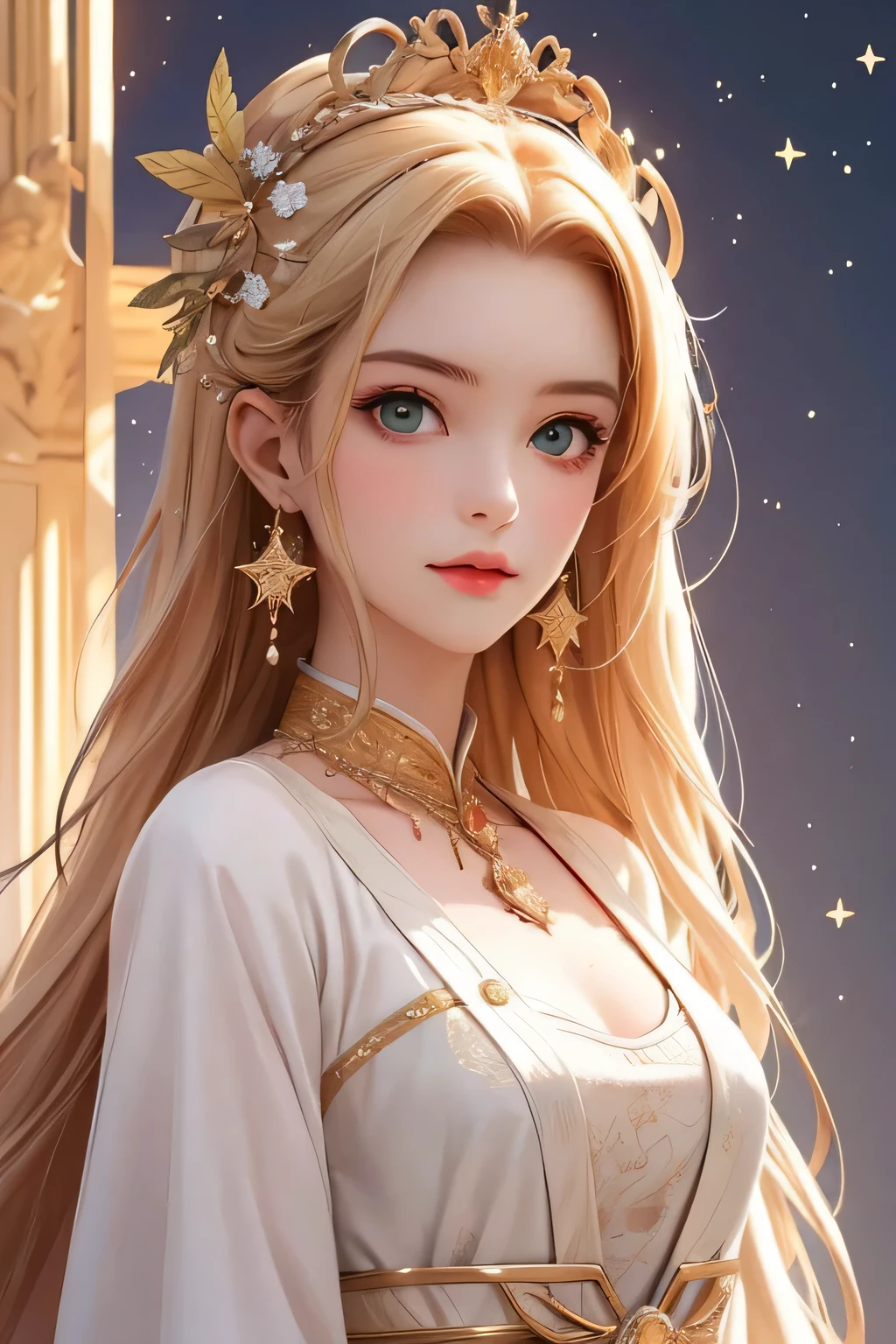 12 starry girls, masterpiece, best picture quality, ultra detailed, ultra fine, 4K, 8K, beautiful3, starry sky, one girl, solo, noblewoman, royalty, mysterious, beautiful blonde hair, silky hair, swept bangs, beautiful green eyes, beautiful eyes, white skin, golden and white costume, model's costume has Crystal scattered, Golden moon and stars hair ornament, Golden moon and stars earrings, Golden moon and stars necklace, Upper body portrait, Place the model at the bottom of the image and leave space at the top, Place the 12 zodiac motif above the model's head, The entire 12 zodiac motif should be in the image The 12 zodiac motif is a masterpiece, Soft spotlight illuminates the model to bring out facial expressions and details, The 12 zodiac motif is brought to life with Spotlight, Image aspect ratio is 9:16, Vertical composition