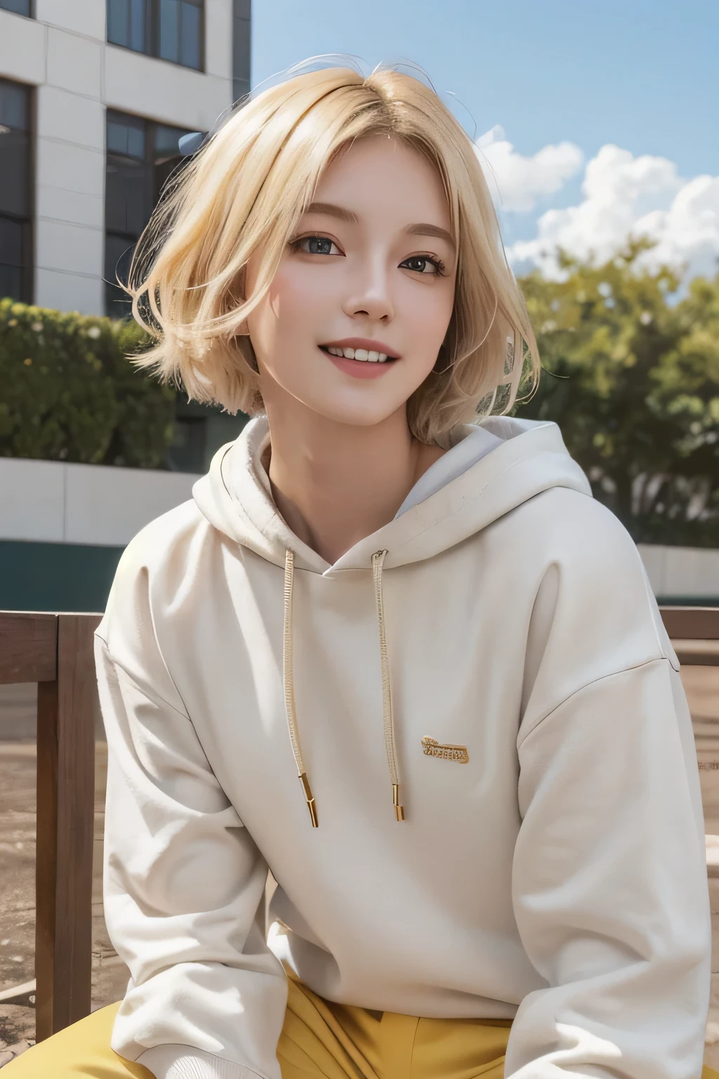 (masterpiece:1.0),(Highest_quality:1.0), 超High resolution,4k,Super detailed, photo shoot, 8K, HDR, High resolution,(masterpiece:1.3), (8K, realistic, Raw photo, Highestquality: 1.4), (1 girl), beautiful face, (realistic face), (blonde, short hair:1.3), beautiful hairstyle, realistic eyes, detailed and beautiful eyes, (realistic skin), beautiful skin,  disorganized, Charm, 超High resolution, surreal, very detailed, golden ratio、Clothes：hoodie、sweater、baseball cap、cargo pants,smile、action：sitting、