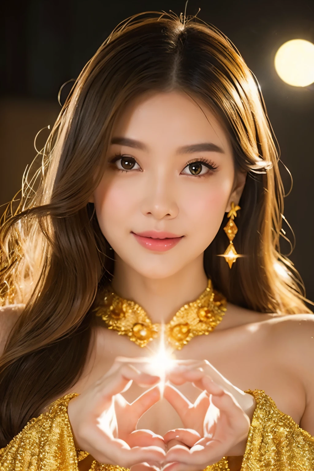 golden goddess flyer, majestic goddess of love and magic, her hands shine with mysterious power.Her hands shine warmly and charmingly.Her presence is a light of hope and joy.Her golden aura is、It's a shining golden aura of love and protection.the sparkle of a shooting star,golden moonlight,beautiful fingers,Heart-shaped golden dazzling light overflowing from your fingertips,