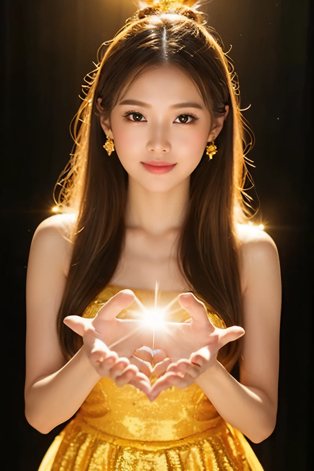 golden goddess flyer, majestic goddess of love and magic, her hands shine with mysterious power.Her hands shine warmly and charmingly.Her presence is a light of hope and joy.Her golden aura is、It&#39;s a shining golden aura of love and protection.the sparkle of a shooting star,golden moonlight,beautiful fingers,Heart-shaped golden dazzling light overflowing from your fingertips,