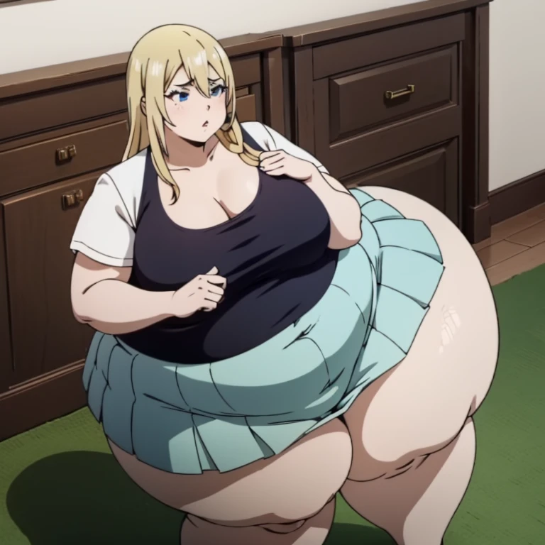 1girl, top-heavy figure, ((((incredibly big chest)))), ((((big tits)))), (((saggy chest))), pout, embarassed, wide, (((obese))), (((fat))), ((love handles)), double chin, out of shape, obese, fatty, tall woman, (milf), big height, mature, standing, full body, bbw, ssbbw,, Hyasaka Ai, blonde hair, blue eyes, very long hair, pleated skirt, white shirt, blue skirt