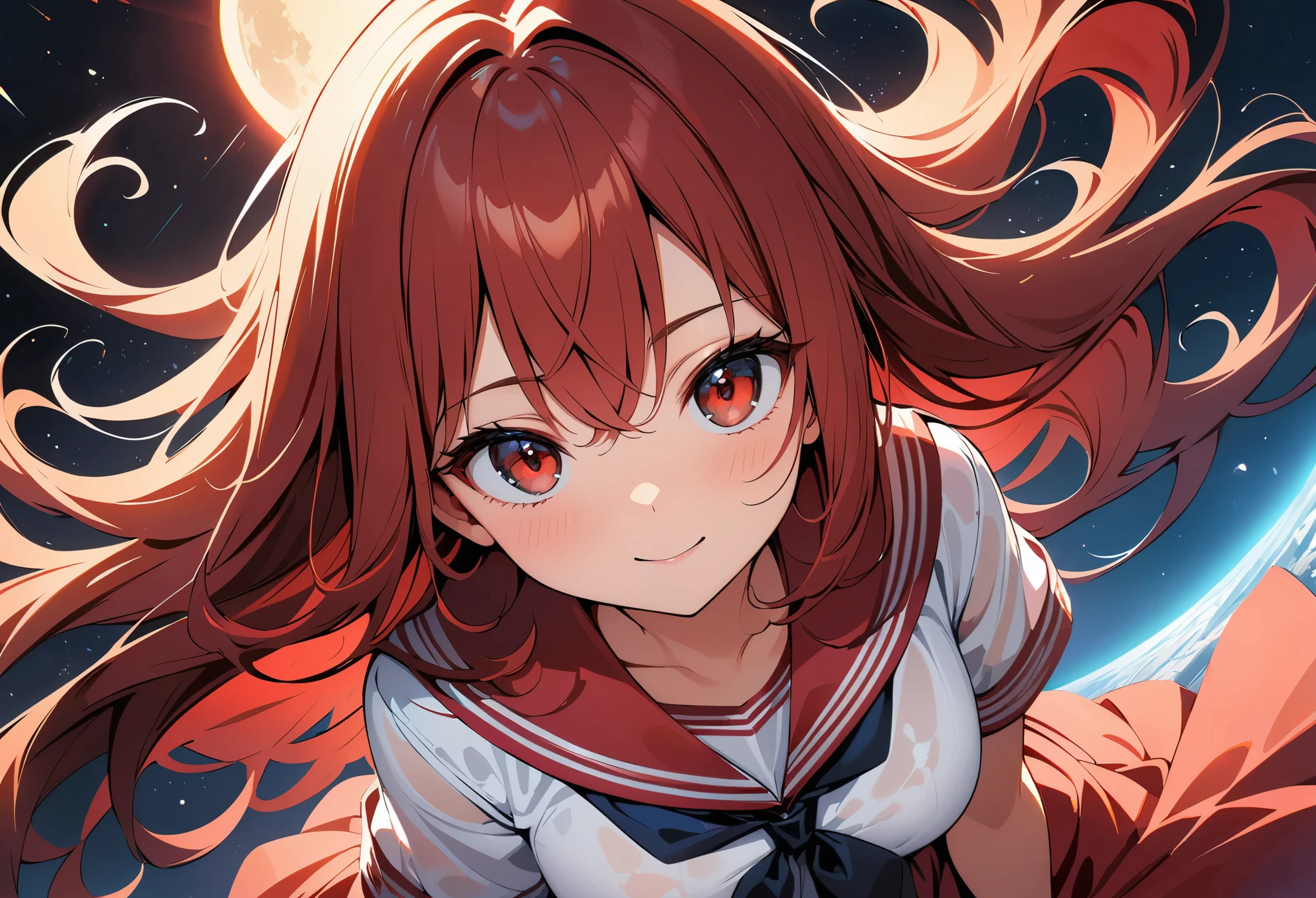 (high quality, 8k, 4k, high contrast, masterpiece:1.2, best quality, best aesthetics), (dynamic angle), Super detailed, ((fantasy:1.2, Light Effects)), Depth of the bounds written, HDR, very detailed, space background, high detail, Sun reflecting the moon, sailor suit, (See-through:1.3), sailor dress, red theme, looking at the viewer, Insanity, messy long hair, detailed and beautiful eyes, hair shines, elevation angle, red sailor collar, light smile,