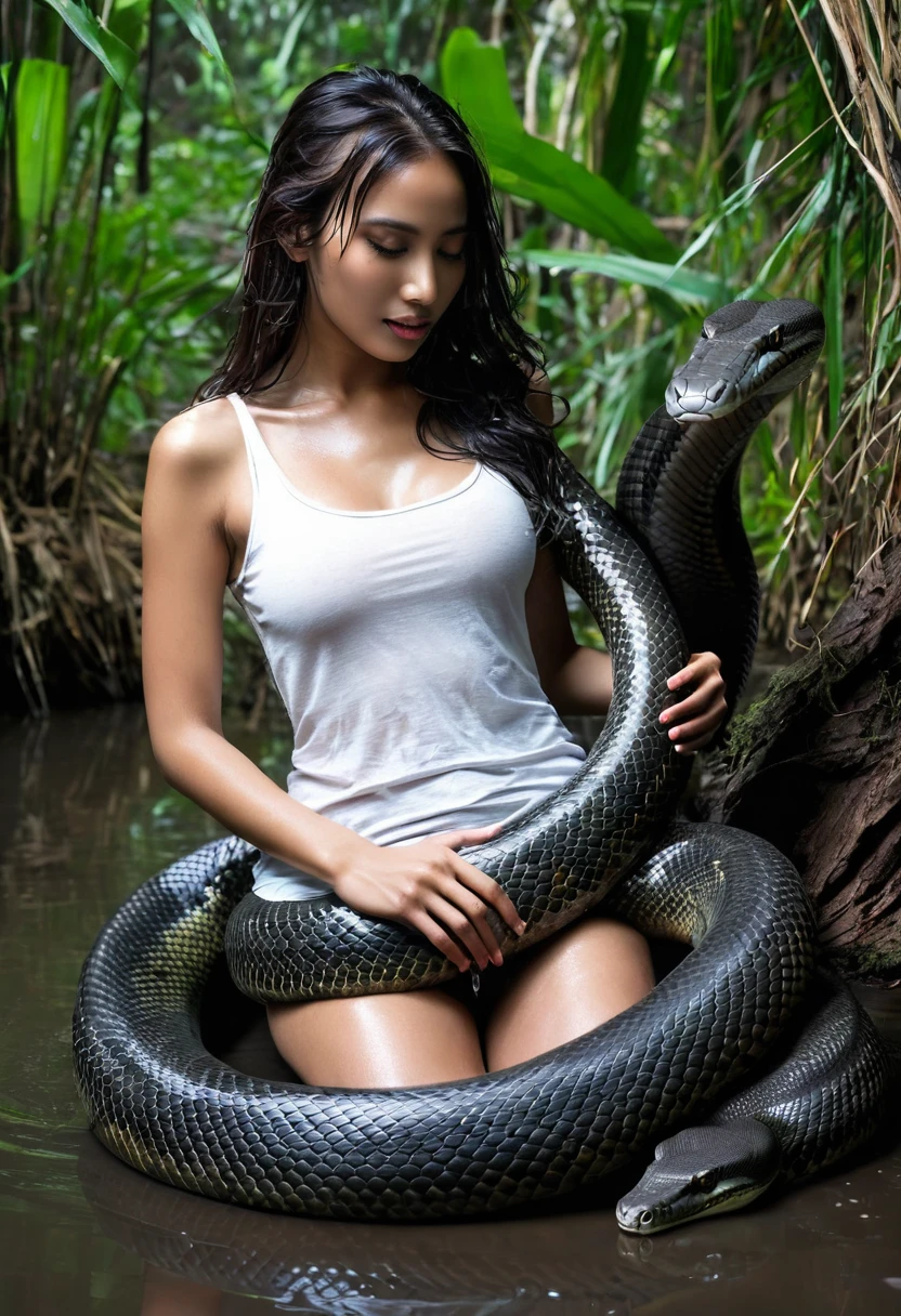 Top quality, masterpiece, super high resolution, real photo, raw photo, cute, beautiful girl, happy expression, joy, glossy skin, dramatic lighting, full body, full body wet, dirty white tank top, sheer with thin fabric, white shirt dirty with mud, beautiful breasts, beautiful ass, butt sticking out, creepy, in the dark jungle, waterside, black large anaconda , slim, long limbs, slimy, slim Sleeping on large anaconda a large giant black anaconda snake wrapped around her neck, a large anaconda wrapped around her body, an anaconda’s head from between her crotches, an anaconda  and an anaconda intertwining their tongues and kissing, a girl hugging giant anaconda , a girl and a large anaconda staring at each other Many large anacondas horny aroused  tentacle sex large object penetration nsfw 