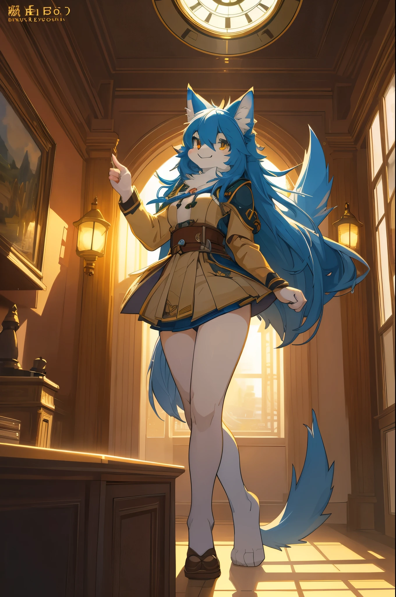 cover page, highres, top quality, best quality, paid reward available, unparalleled masterpiece, perfect artwork, absurdres, High-quality illustrations, super high resolution, detailed background, perfect anatomy(1girl, kemono, furry anthro, fearless smile, reach for the clock) in room with clock, fantasy artwork, cinematic lighting, Backlight,