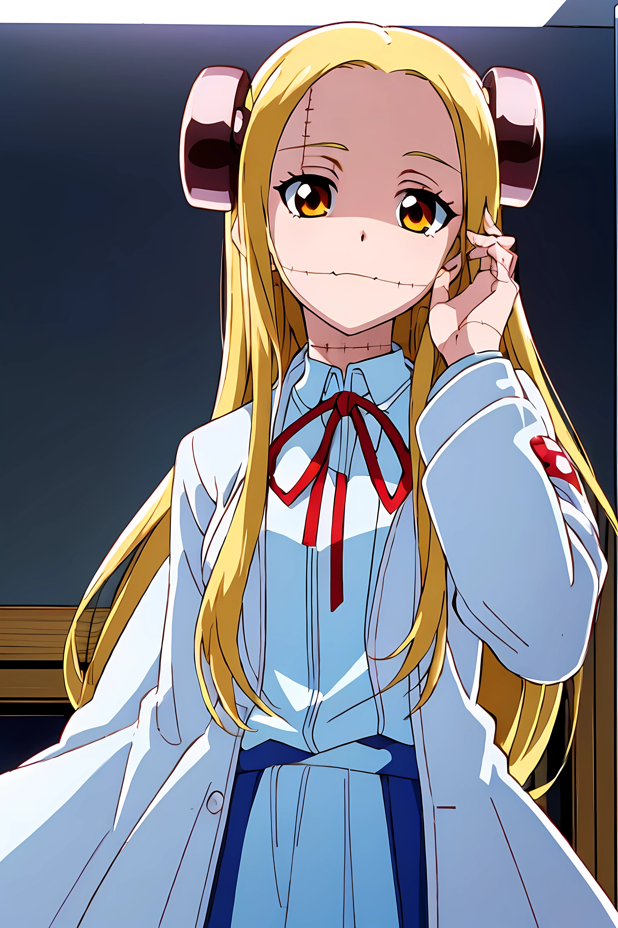 (highest quality:1.3),(ultra-become familiar with:1.5),High resolution,extremely become familiar with CG,unity 8k wallpaper,official art,become familiar with,super become familiar with skin,perfect anatomy,beautiful become familiar with eyes,(anime screenshot:1.11),very delicate and beautiful,(90s anime,90s anime style,cel shaded anime:1.17),1 girl,anmnr,
((madaraki_fran:1.52)),Light blonde long hair,brown eyes,((((wearing a white coat)))),stitch,body scars,Creepy look,closed mouth smile,Drooping eyes,