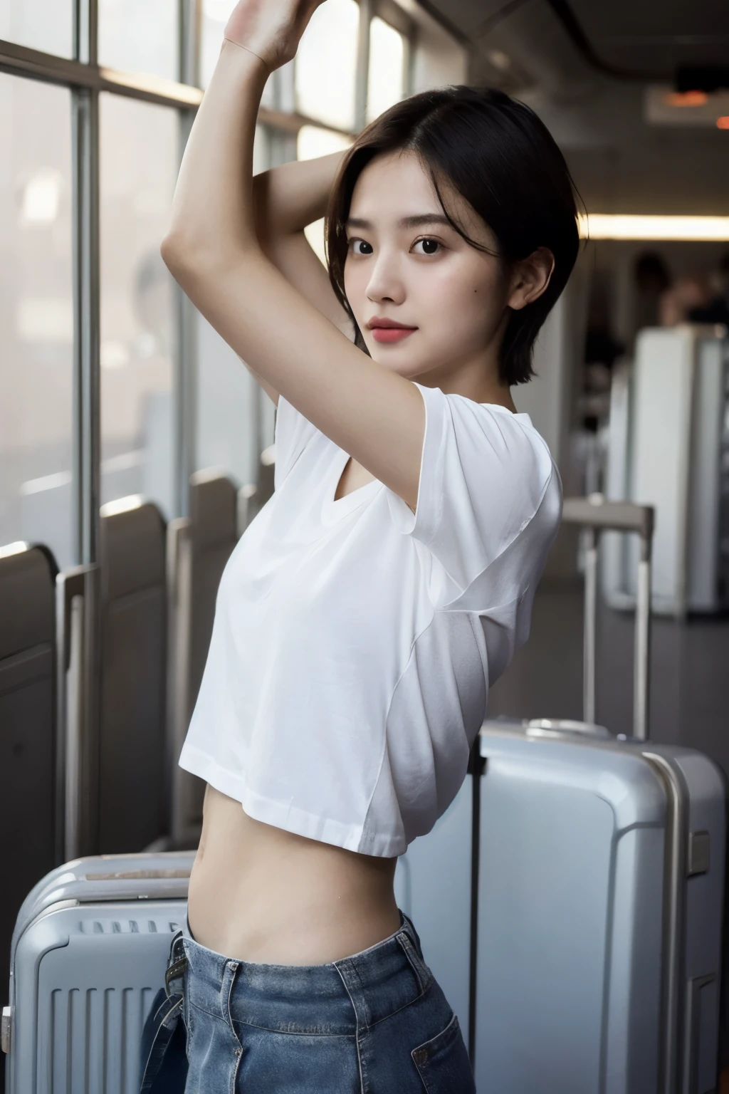 ((best quality)), ((masterpiece)), (detailed), perfect face, Airplane cabin, open shelf, shirt, navel, side view, Hurrah Pose, baggy clothes, take out luggage, arms raised, side view, closely, short hair, nipple