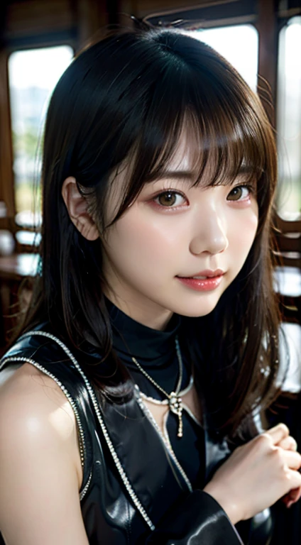 (1 girl:1.3),alone,__body parts__, official art, 8k unit wallpaper, super detailed, close up of face, beautiful and aesthetic, nice, masterpiece, highest quality, great atmosphere, a calming palette, quiet mood, soft shading, witch witch, Charm Spell, family amulet, Shrine Maiden's Mission, dark aesthetic, suit and tie、black leather shorts with many chains around the body、Black leather jacket, With the city of Tokyo in the background, (messy purple short hair),