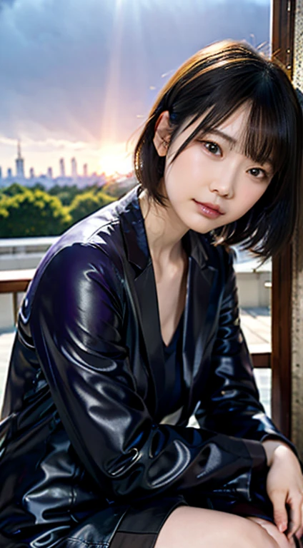 (1 girl:1.3),alone,__body parts__, official art, 8k unit wallpaper, super detailed, close up of face, beautiful and aesthetic, nice, masterpiece, highest quality, great atmosphere, a calming palette, quiet mood, soft shading, witch witch, Charm Spell, family amulet, Shrine Maiden's Mission, dark aesthetic, suit and tie、black leather shorts with many chains around the body、Black leather jacket, With the city of Tokyo in the background, (messy purple short hair),