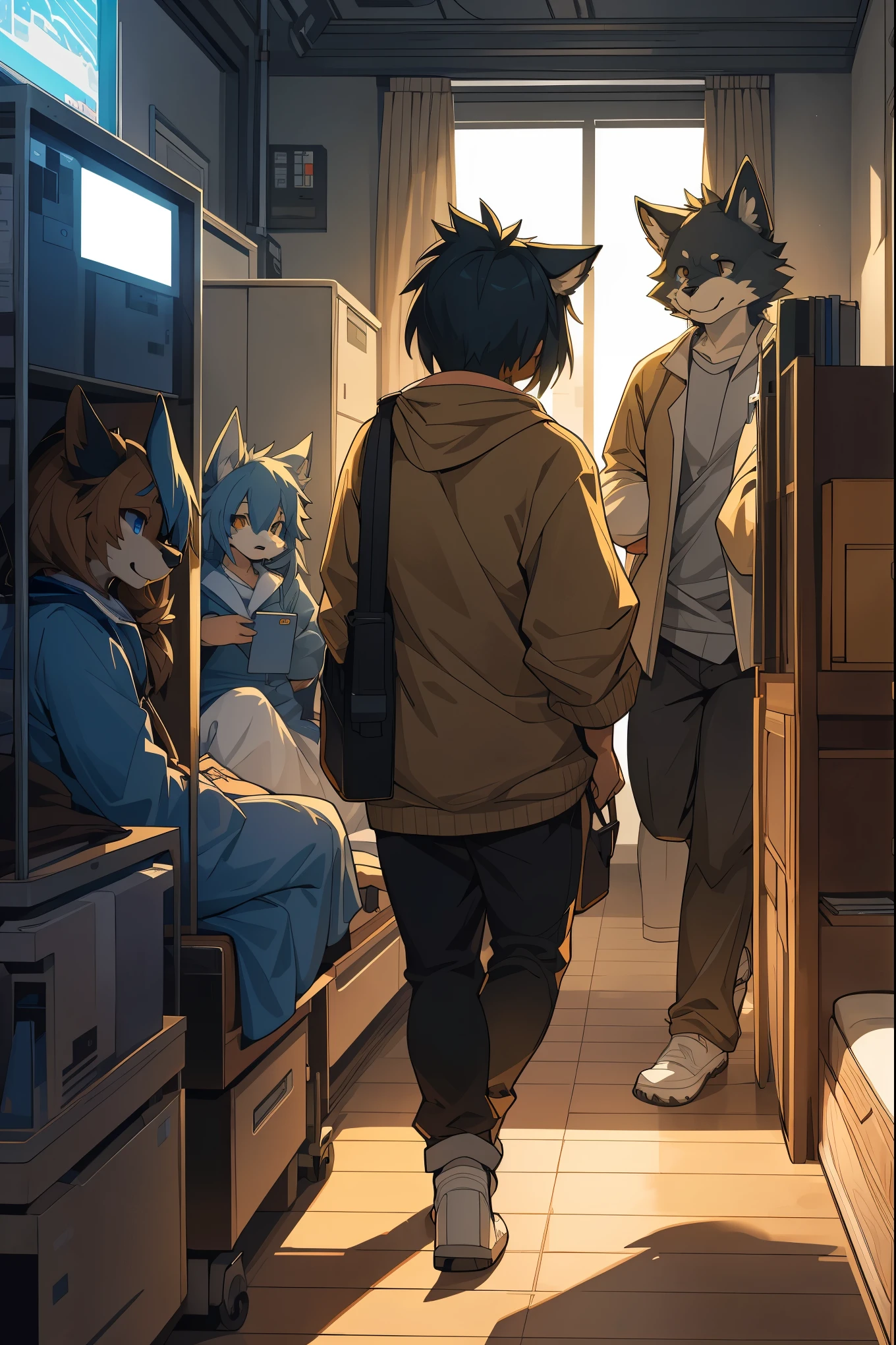 cover page, highres, top quality, best quality, paid reward available, unparalleled masterpiece, perfect artwork, absurdres, High-quality illustrations, super high resolution, detailed background, perfect anatomy(kemono, furry anthro)Hospitals with power outages, 3+boys, 3+girls, good lighting, cinematic shadow,