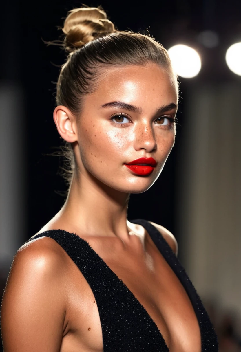 Supermodel, Brazilian, dark tanned, brown eyes, long dark blonde hair,walking on fashion runway, beautiful , natural beauty, no makeup, model, 4K, realistic, natural, textured skin, freckles on nose, red lipstick, long black dress, haute couture, catwalk lighting, hair in high bun
