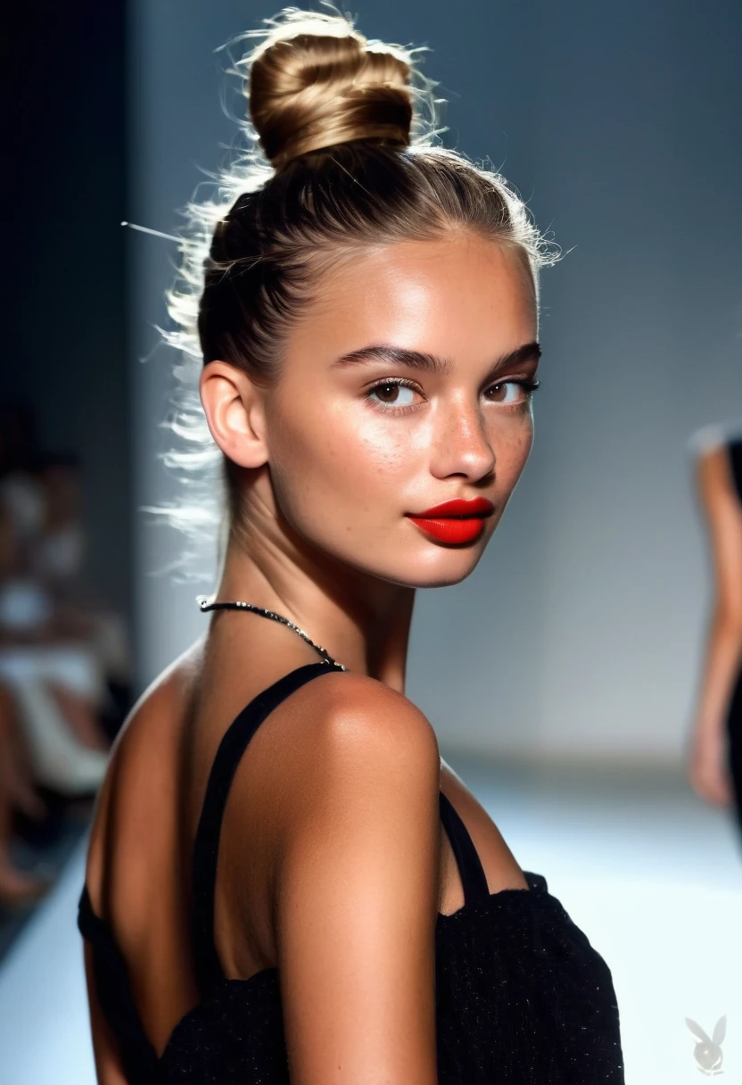 Supermodel, Brazilian, dark tanned, brown eyes, long dark blonde hair,walking on fashion runway, beautiful , natural beauty, no makeup, model, 4K, realistic, natural, textured skin, freckles on nose, red lipstick, long black dress, haute couture, catwalk lighting, hair in high bun