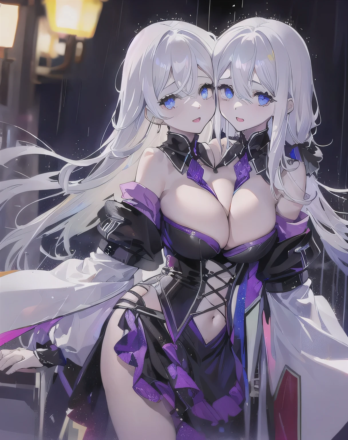 1 girl,(2 heads 1:1.6)white hair,,adult,rain,night city, 2heads,tribreasts,double cleavage