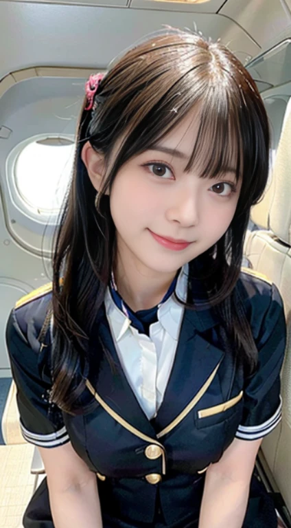 (highest quality,masterpiece:1.3,ultra high resolution,)ultra-realistic capture,very detailed,High resolution 16K human skin close-up。 natural skin texture、,The pores are、、、、、、Must be detailed enough to be easily identified。 Skin should look even-toned and healthy。 Use natural light and color, Cabin attendant, Stewardess resting(Japan Aviation Uniforms), inside the plane、,1 girl,Japanese,18-year-old,cute,black haired,ponytail,big breasts,smile, (realistic hair: 1.2) (wet skin: 1.2), spread your legs,squat、from belowのアングル,big breasts,sweaty, drenched, water droplets running down the legs, Lower body soaking wet, Wet hips,Lower body exposed,from below、