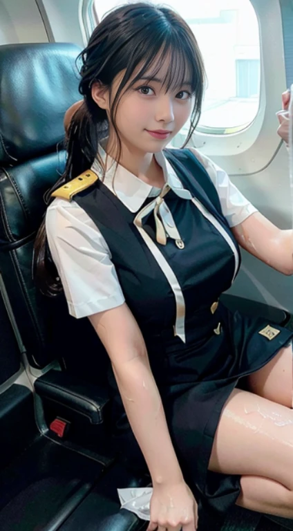 (highest quality,masterpiece:1.3,ultra high resolution,)ultra-realistic capture,very detailed,High resolution 16K natural skin texture、,The pores are、、、、、、Must be detailed enough to be easily identified。 Skin should look even-toned and healthy。 Use natural light and color, Cabin attendant, Stewardess resting(Japan Aviation Uniforms), inside the plane、,1 girl,Japanese,18-year-old,cute,black haired,ponytail,big breasts,smile, (realistic hair: 1.2) (wet skin: 1.2), spread your legs,squat、from belowのアングル,big breasts,sweaty, drenched, water droplets running down the legs, Lower body soaking wet, Wet hips,Lower body exposed,from below、