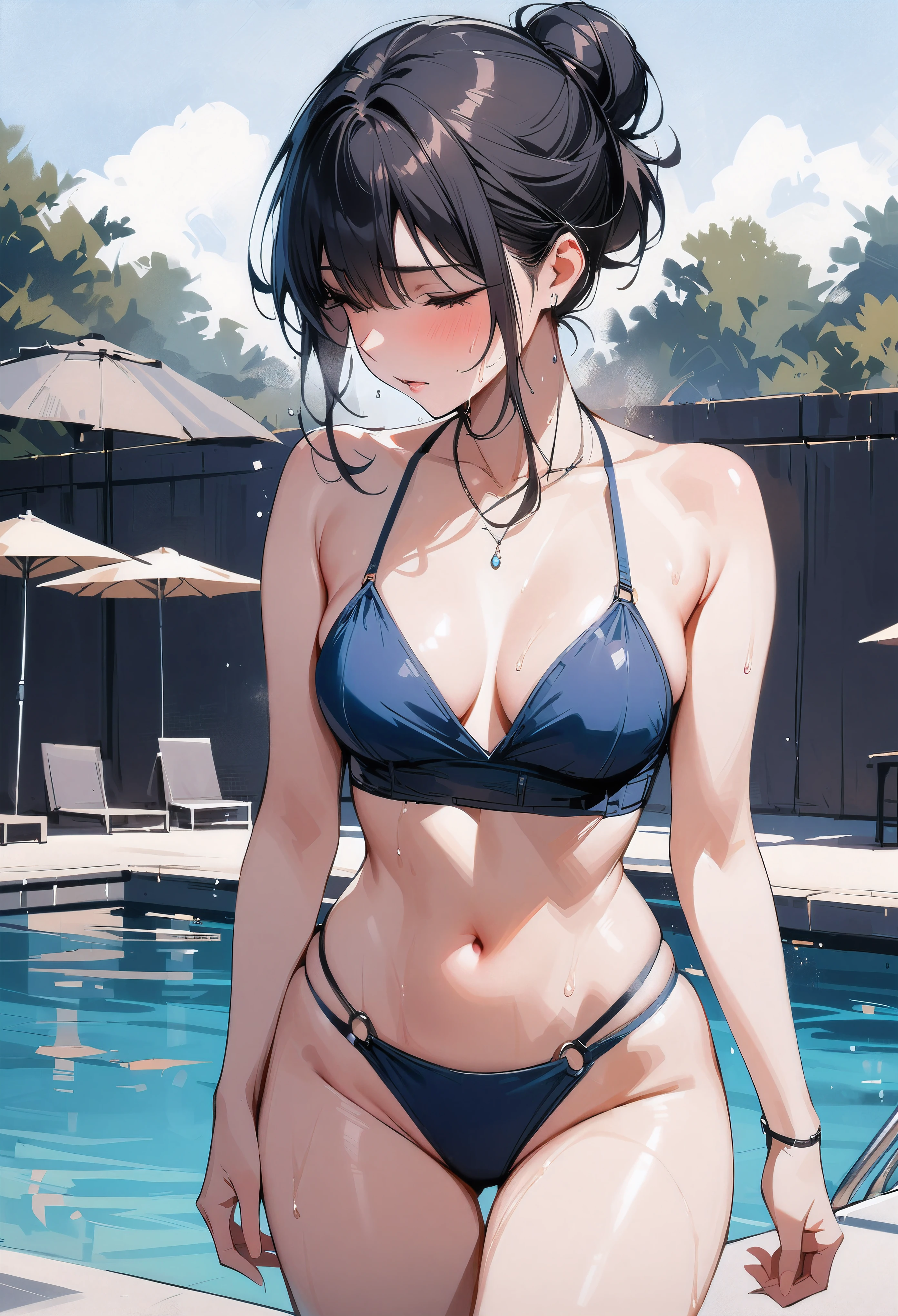 (masterpiece, best quality:1.2), 1 girl, alone , sexy , (blue_bikini), cowboy shot, black hair ,hair bun, (Sweat),  (pool_background) , outdoor 