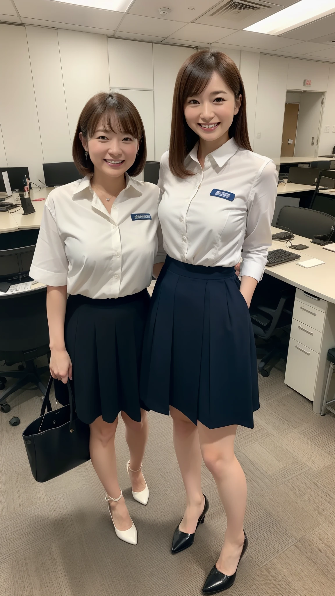 ((highest quality, 8K, Representative works in detail, ultra high resolution)), (group photo), (looking at the viewer), (middle shot:), 5 attractive business ladies,5 women, a little chubby:0.25, white short sleeve collared shirt, gray skirt, mini skirt(officeの机にあぐらをかいて座っている)), smile, office、