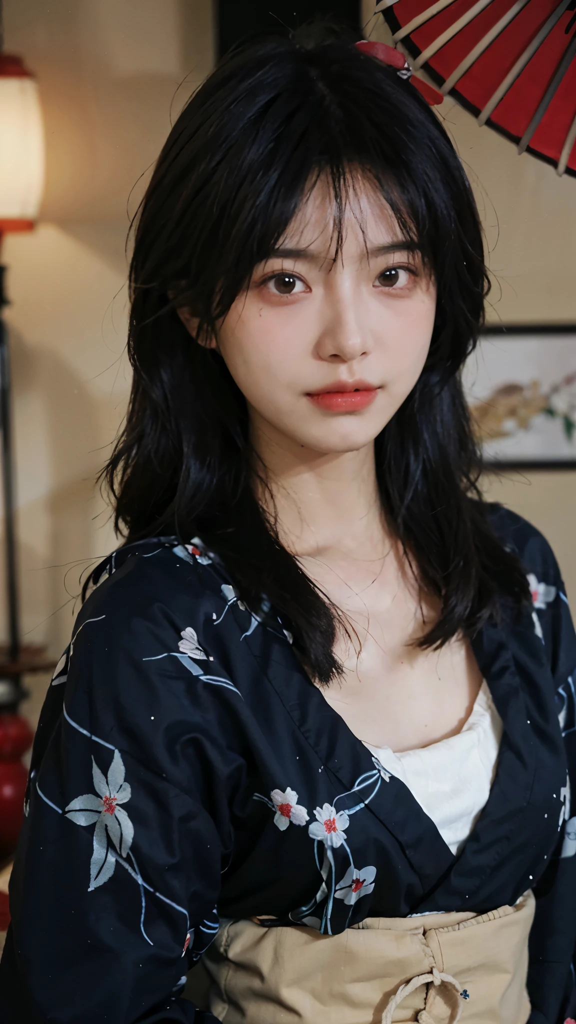 (highest quality:1.4), beautiful face, 8K, 35mm, absurd, (japanese kimono:1.4), Upper body、towards the camera、 violaces, gardenia, delicate girl, alone, , looking at the viewer,  film grain, chromatic aberration, sharp focus, face light, professional lighting, Sophisticated, (smile:0.4), cleavage, (simple background, background bokeh:1.2), Surface details