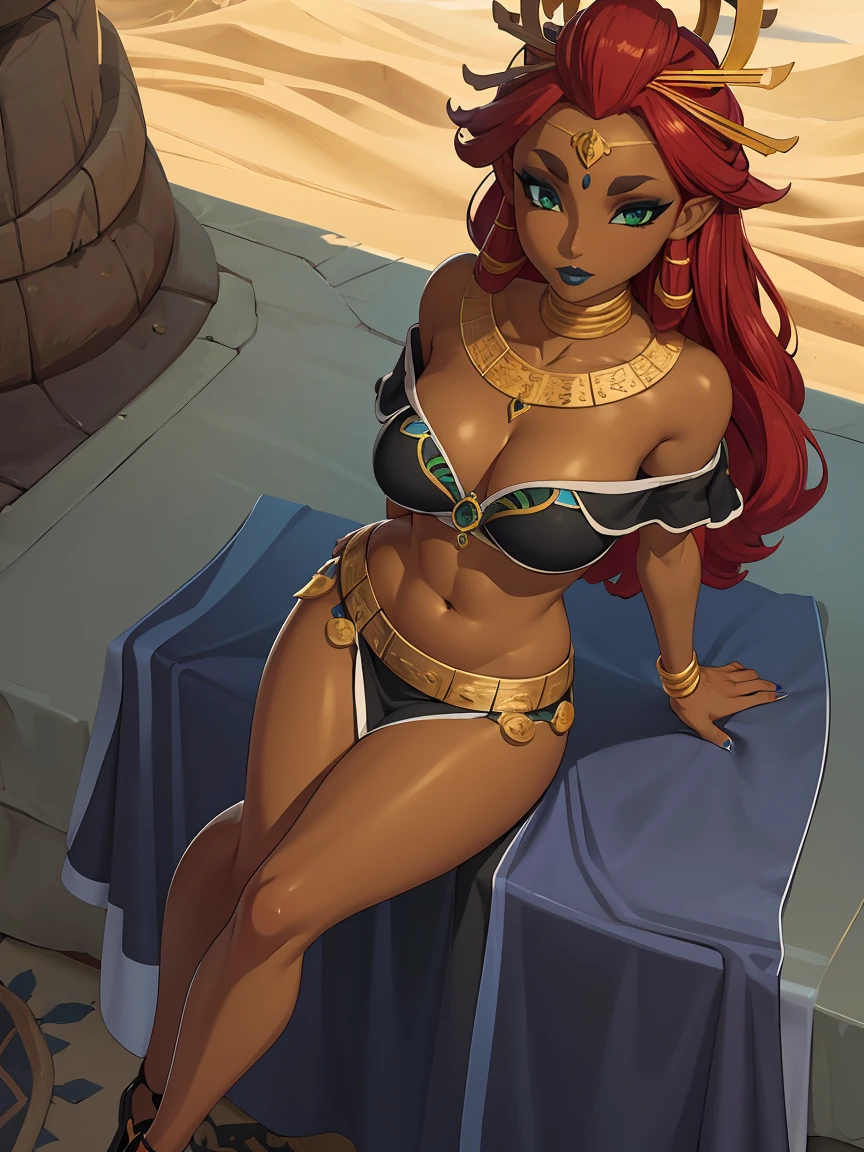 ((high detailed, best quality, 4k, masterpiece, hd:1.3)), ((best quality)), (((HD))), (((8k))), (ultraDH), (ultra HD), green eyes, BREAK green eyes, seductive, attractive, smooth anime cg art, 36C breasts, long legs, vivid colors, slim body, perfect skin, red hair, long hair, light hair, red hair, BREAK crown, cleavage, 36C cleavage, looking at viewer, BREAK looking at viewer, extremely detailed face, earrings, gem, dark blue makeup lips, dark gothic eyeshadows, dark eyeshadows, white eyeshadows, blue sexy lips, dark lips, very dark lips, (perfect hands, perfect anatomy), light makeup, blue medium lips, blue thick lips, detailed fingers, five fingers per hand, 5 fingers, (1 girl), detailed lips, detailed blue lips, blue painted lips, gothic painted lips, (breast focus), (arms outstreched:1.2), (from above:1.1), (breasts out:1.3), (off shoulder:1.1), (((desert))), full body, walk for desert