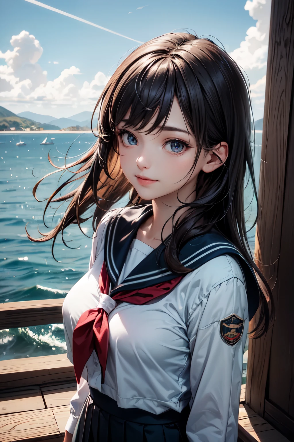 very cute and beautiful school girl viewing sea on hilltop,(highly detailed beautiful face and eyes),
(smile),cowboy shot,(sailor ,pleated navy blue mini skirt),black hair,zettai ryouiki,
(looking at sea,from top of hill),many houses with red roof,detailed landscape,
(best quality,masterpiece:1.0),absurdres,highres,ultra-detailed,extremely detailed,32k,8k resolution,
intricate details,cinematic scene,detailed background,solo,dynamic angle,
natural lighting,hair fluttering in the wind,beautiful detailed sky,