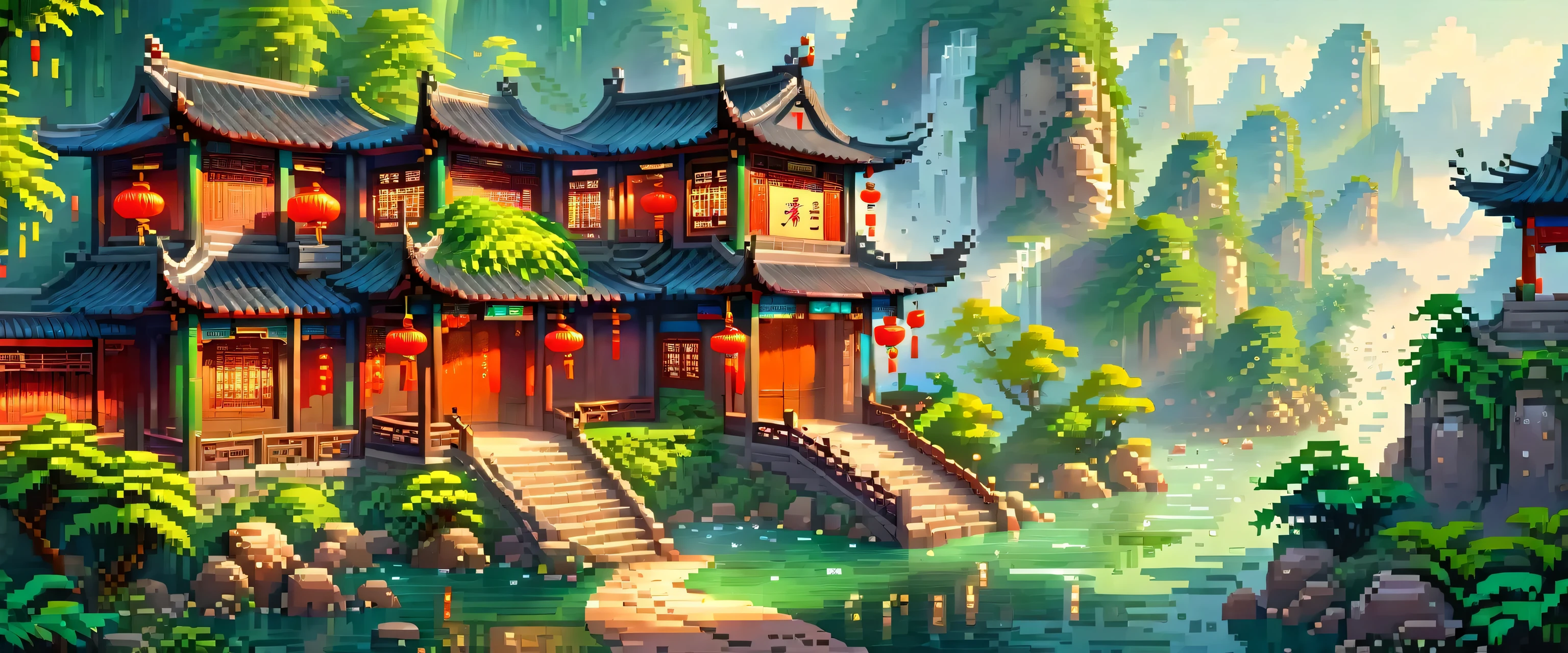 (Pixel game art style:1.2),(masterpiece, best quality:1.2), Magnificent views of famous Chinese waterfalls, Showing its lush, vibrant landscape. The waterfall tumbles down the steep cliff, It is surrounded by dense forests,Fog rises from the impact area. Chinese traditional architecture, Such as pavilions or bridges, Cleverly integrated into the scene, Enhance cultural and natural. This image captures the essence of tranquility and the awe-inspiring power of nature, The crystal clear waters sparkle in the sun, Create a peaceful and picturesque environment,Reflecting the ultimate beauty of Chinese landscape.