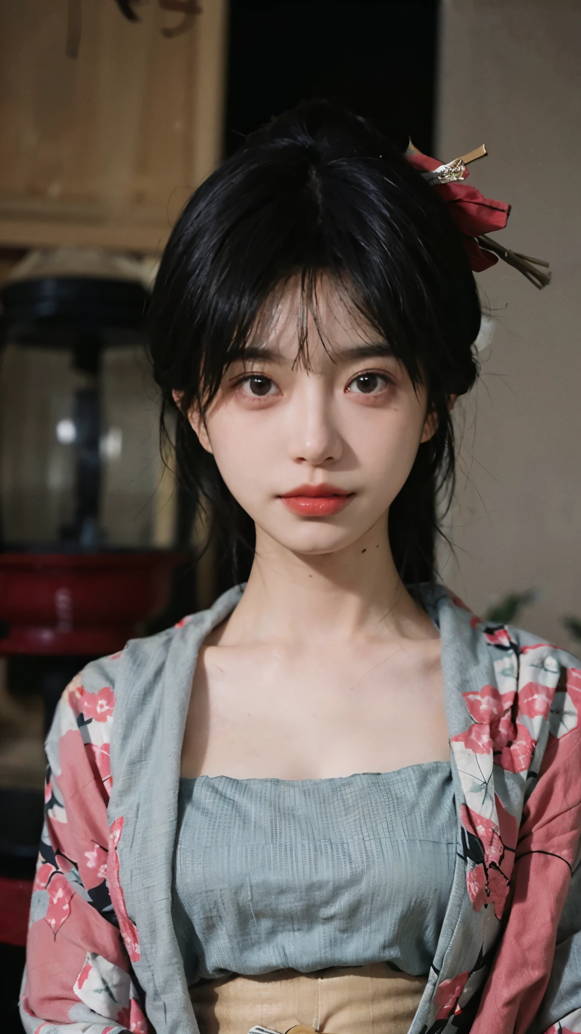 (highest quality:1.4), beautiful face, 8K, 35mm, absurd, (japanese kimono:1.4), Upper body、towards the camera、 violaces, gardenia, delicate girl, alone, , looking at the viewer, film grain, chromatic aberration, sharp focus, face light, professional lighting, Sophisticated, (smile:0.4), cleavage, (simple background, background bokeh:1.2), Surface details, short hair