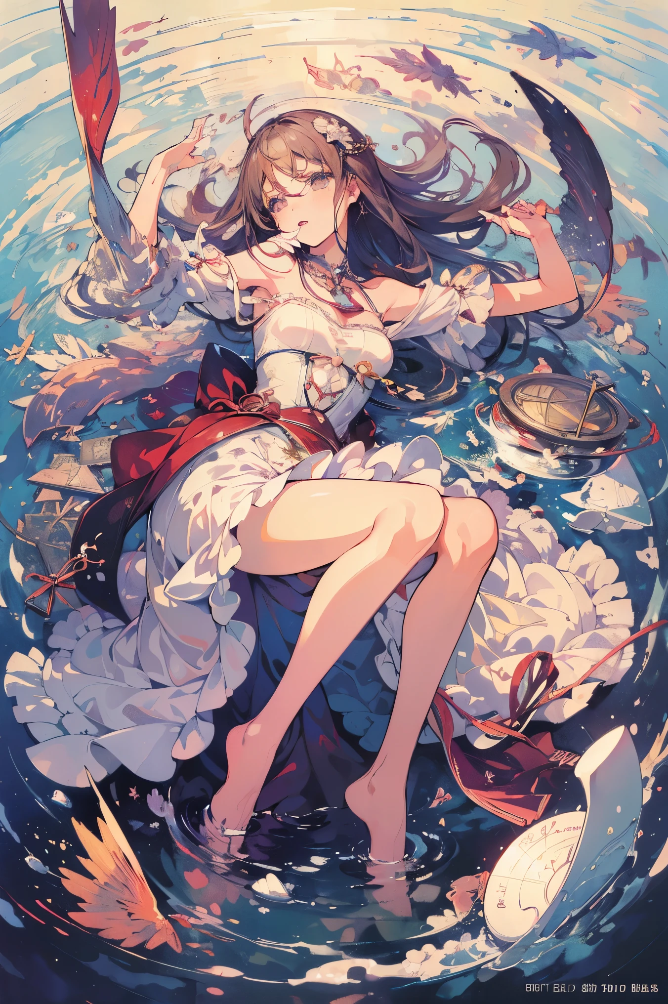 (masterpiece、highest quality、official art:1.2)、look at the audience、((1 girl))、solo、glass island、Shards of glass fly off、In a clear wine glass,Colorful floating on water、(2D:1.5)
