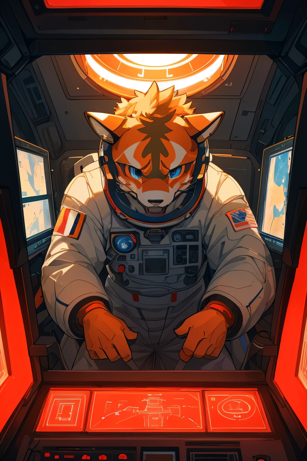 cover page, top quality, best quality, High-quality illustrations, masterpiece, absurdres, perfect anatomy(1boy, kemono, furry, astronaut, Operating a machine, Face illuminated by monitor light, panicked look, sense of urgency)spaceship's cockpit, emergency, Red Lamp,