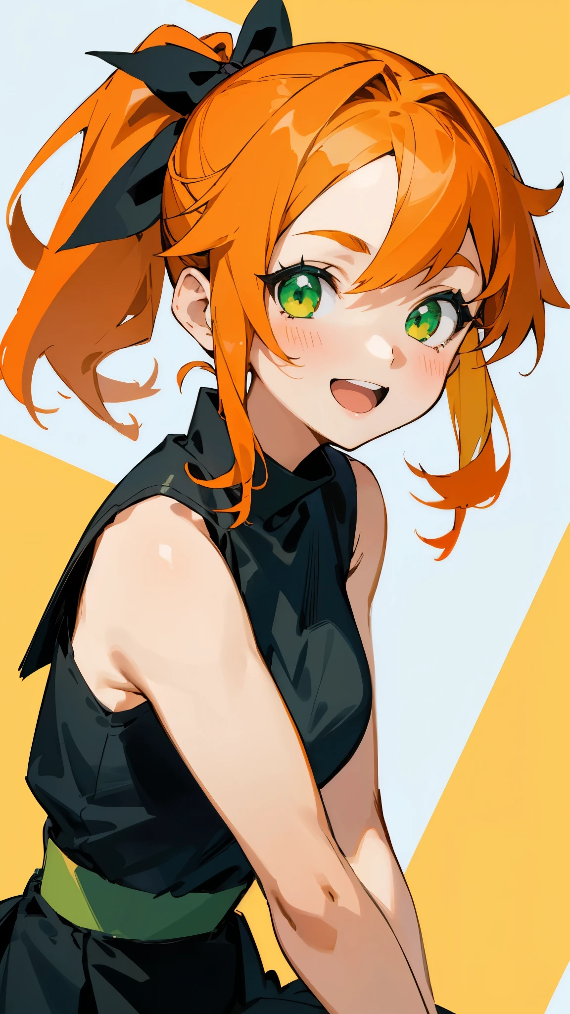 masterpiece、highest quality、1 girl、anime painting、orange hair、beautiful green eyes、side ponytail、sleeveless shirt、black skirt、upper body close-up、From the side、smile、open your mouth、sharp outline