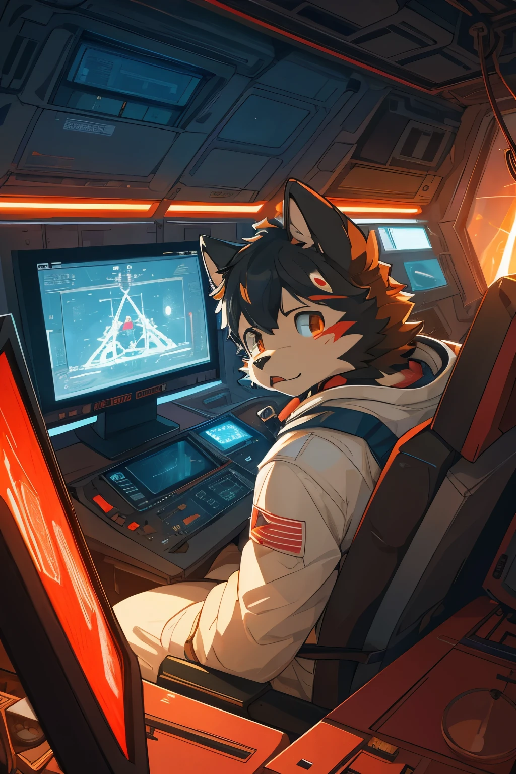 cover page, top quality, best quality, High-quality illustrations, masterpiece, absurdres, perfect anatomy(1boy, kemono, furry, astronaut, Operating a machine, Face illuminated by monitor light, panicked look, sense of urgency)spaceship's cockpit, emergency, Red Lamp,