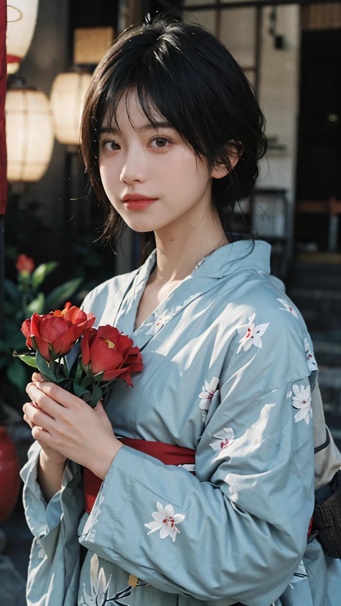 (highest quality:1.4), beautiful face, 8K, 35mm, absurd, (japanese kimono:1.4), Upper body、towards the camera、 violaces, gardenia, delicate girl, alone, , looking at the viewer, film grain, chromatic aberration, sharp focus, face light, professional lighting, Sophisticated, (smile:0.4), cleavage, (simple background, background bokeh:1.2), Surface details, short hair