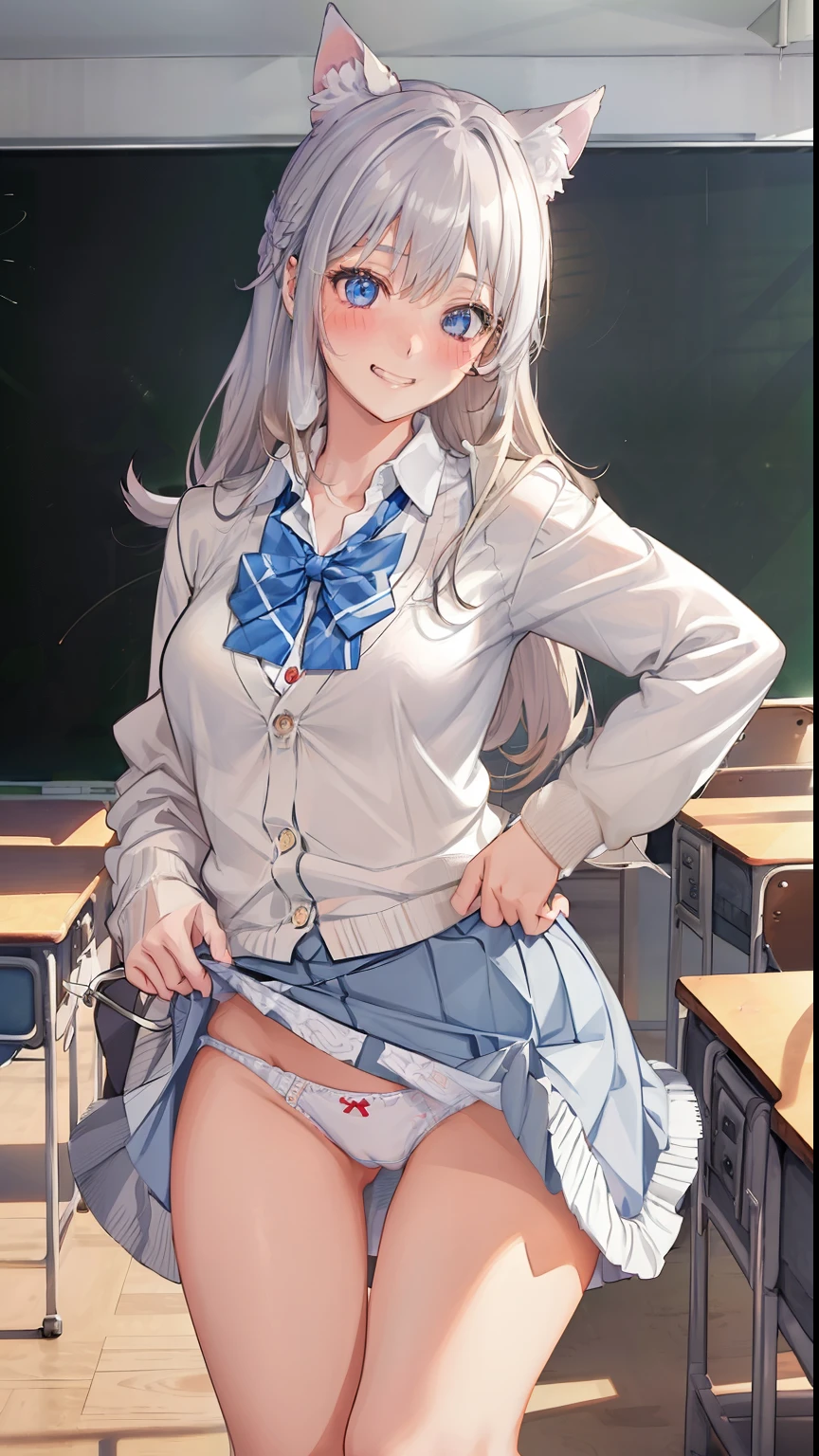 ((1 girl:1.5))、(smile:1.5)、、（cowboy shot）、(fun!!)、(white cardigan:1.5)、(dog ears)、(silver hair)、(blush:1.5)、(long hair)、(eye highlights:1.3)、blake black shoes,(黒いskirt:1.5)、bow, button, shirt with collar, long sleeve,  ((red bow tie, ,, white shirt, チェック柄のskirt:1.5、white socks)),, shirt,, skirt, socks, thighs, white shirt, Rest indoors, ((classroom:1.5))、 BREAK while watching the audience、 (perfect hands, perfect anatomy),cowboy shot、(skirtlift:1.3),(highly detailed white panties:1.3)、(highly detailed panties:1.3)、、(skirt that rolls up:1.3)、(fully exposed panties:1.5)、light blue eyes