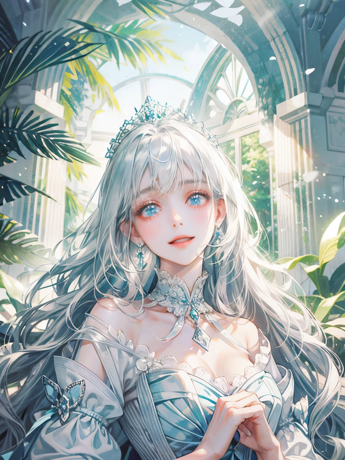 Princess in white dress、white hair、light blue、palace、pretty girl、beautiful、shine、droopy eyeole、ｍore、transparency、detailed face、（High quality）、long hair、smile