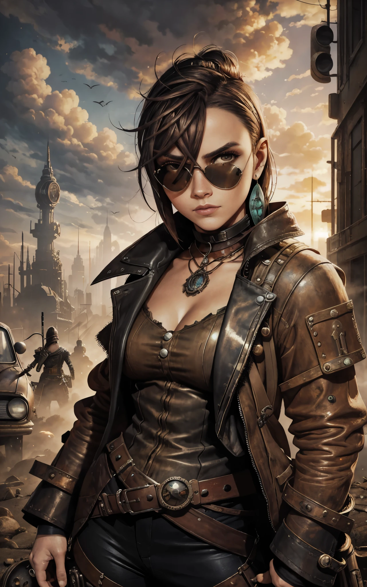 ambiente steampunk, dramatic art, estilo de arte dieselpunk, apocalyptic road warrior vibe, a girl wearing beautiful mirrored sunglasses that reflects everything around her, arte digital surrealista, Mad Max inspirado, heavy metal artwork, simetria da face cromada, arte steampunk digital, no estilo Mad Max, metal art, not art style by Filip Hodas, arte digital steampunk, dieselpunk, em um mundo hightech
