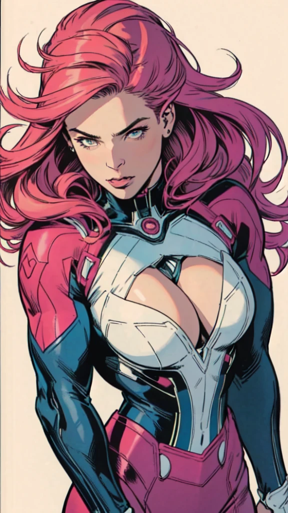 masterpiece,extremely beautiful woman,Excellent sense,cleavage,(((perfect very white background))),American Comics,(((The Perfect One Woman))),speech bubble,strongest,(((one person))),colorful,Rainbow-colored,Highly detailed upper body,breast enhancement,Lines,highly detailed face,SF,