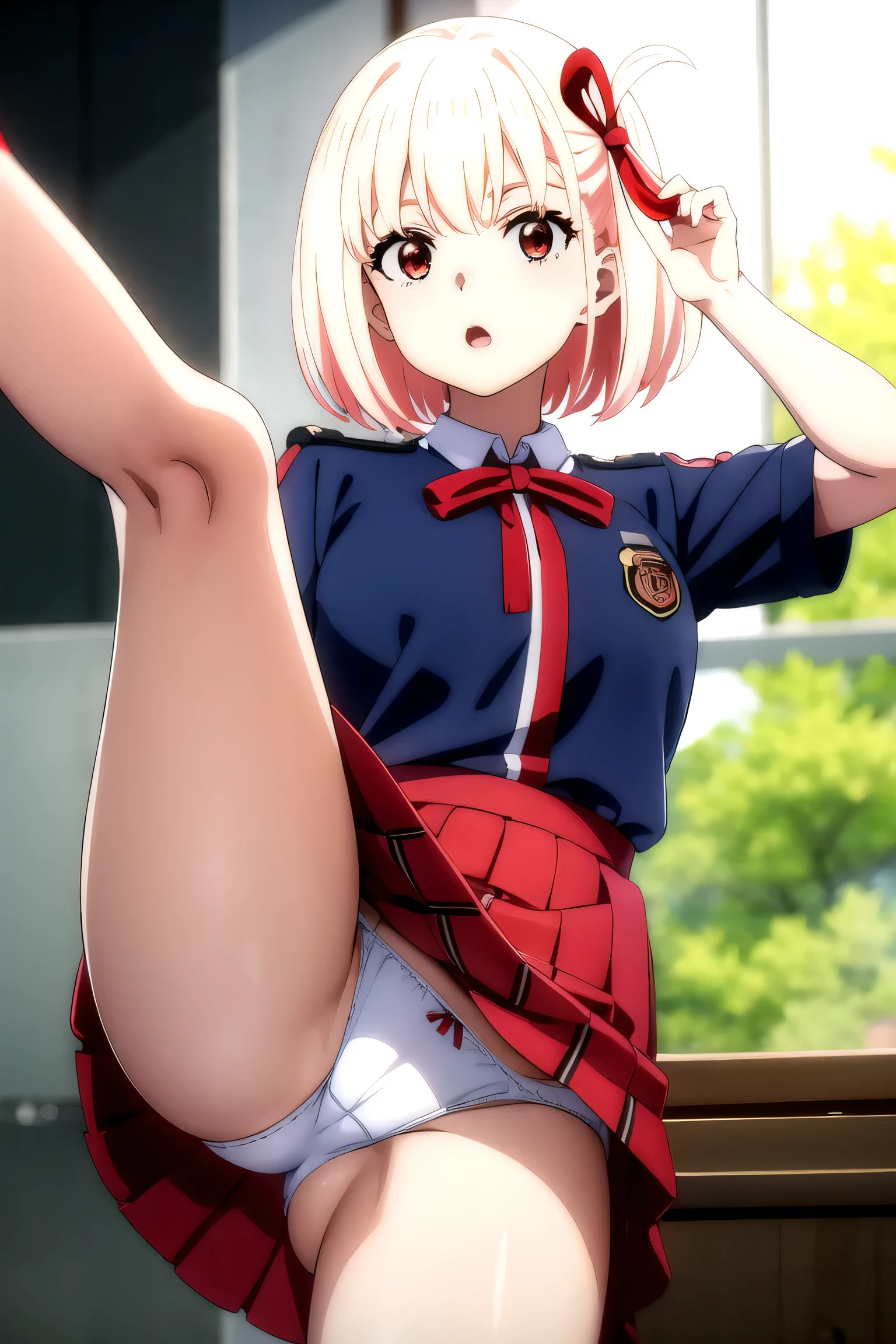 ((masterpiece)), (highest quality),Senzoku Nishikigi、
official art, very detailedCG Unity 8K wallpaper, very detailed, shiny skin, Depth of the bounds written, Bright colors,
1 girl, (crooked:0.4), (full body:0.6),
short hair, bangs, red eyes, skirt, Looking next door, Licorice Uniform、white panties、red ribbon、kick、raise your legs high,stand on one leg