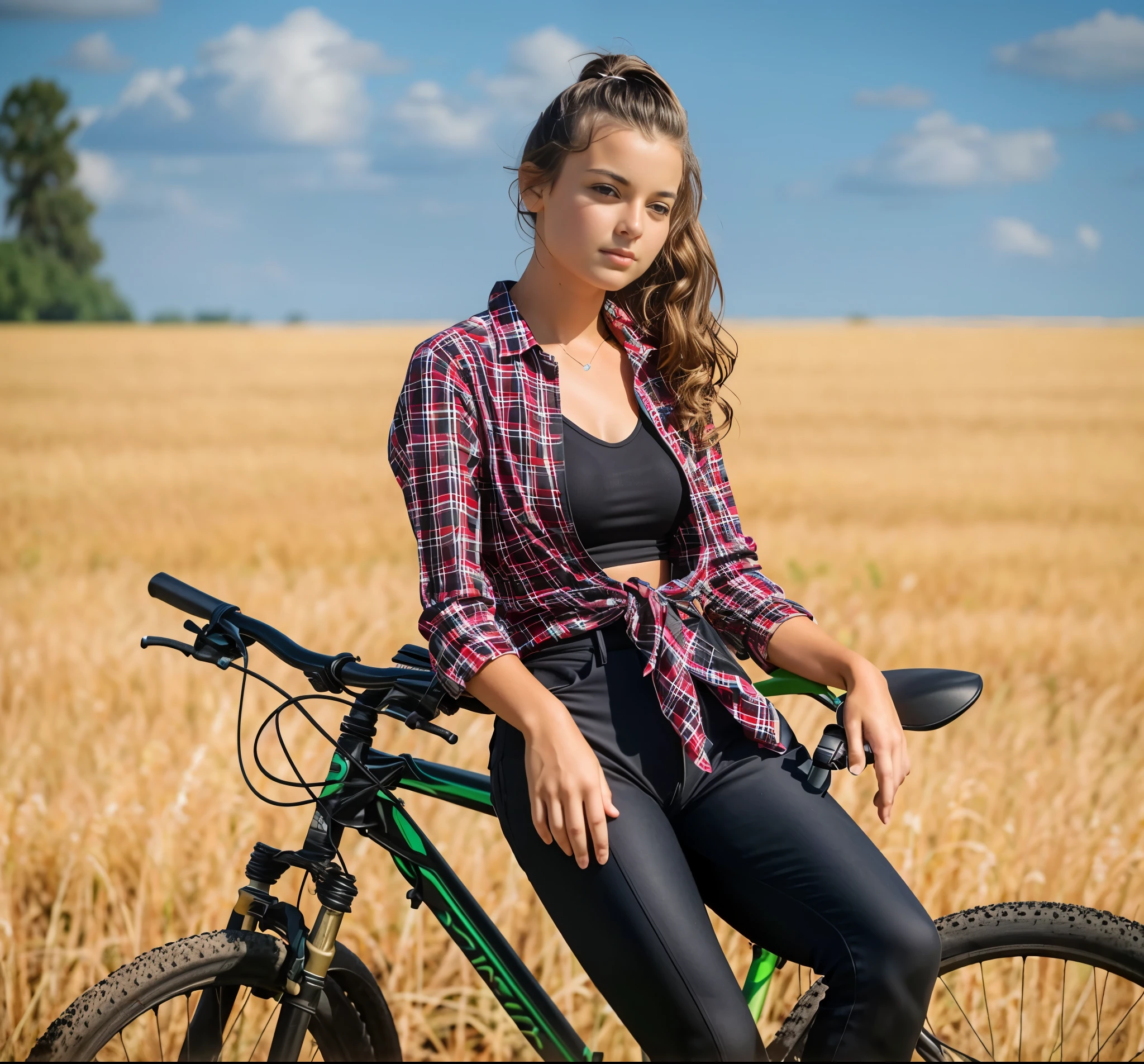 mulher arafida sentada em uma bicicleta em um campo de trigo, picture of a female motociclista, por Aleksander Gierymski, por Dietmar Damerau, vestindo uma camisa de flanela, motivacional, retrato, posando no campo de trigo, Cavalgando, por Stefan Gierowski, vestindo uma camisa xadrez, motociclista, em um campo de trigo, closeup retrato shot
