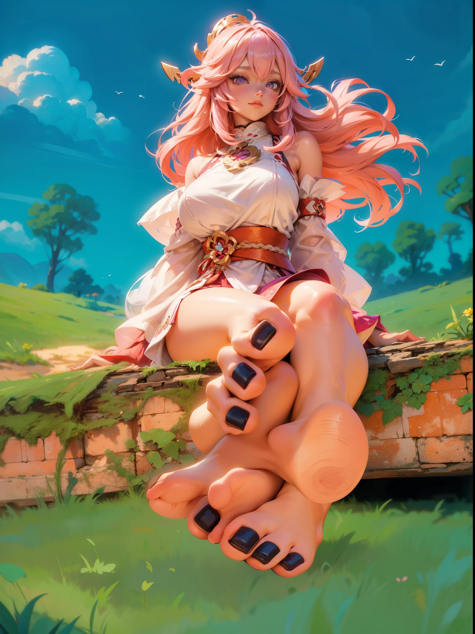 yea in a sitting pose putting her feet forward showing her toenails, she is sitting on a new brick wall, in the garden in a beautiful field and a beautiful landscape ,calmart, painterly style, expert shading, soft shading, highly detailed, no lineart, western artstyle,yae miko \(genshin impact\) pink hair purple eyes:1.2 miko costume bangs hair ornament ((ultra-detailed)) ((illustration)) ((disheveled hair)) (beautiful detailed eyes) female walkingfrom side, shiny skin