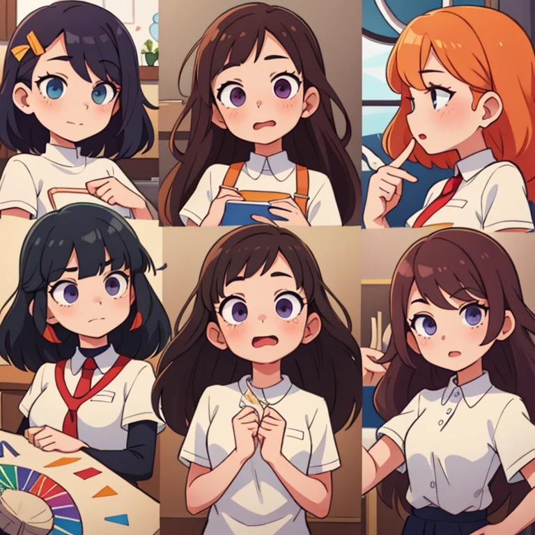 color wheel, 8 girls with different hairstyle and expressions,, (best quality, masterpiece),