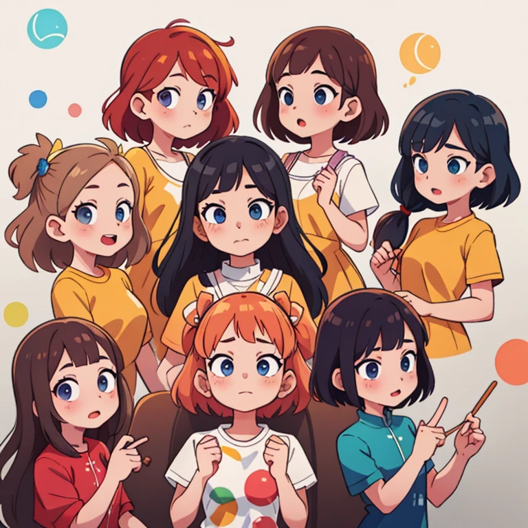color wheel, 8 girls with different hairstyle and expressions,, (best quality, masterpiece),