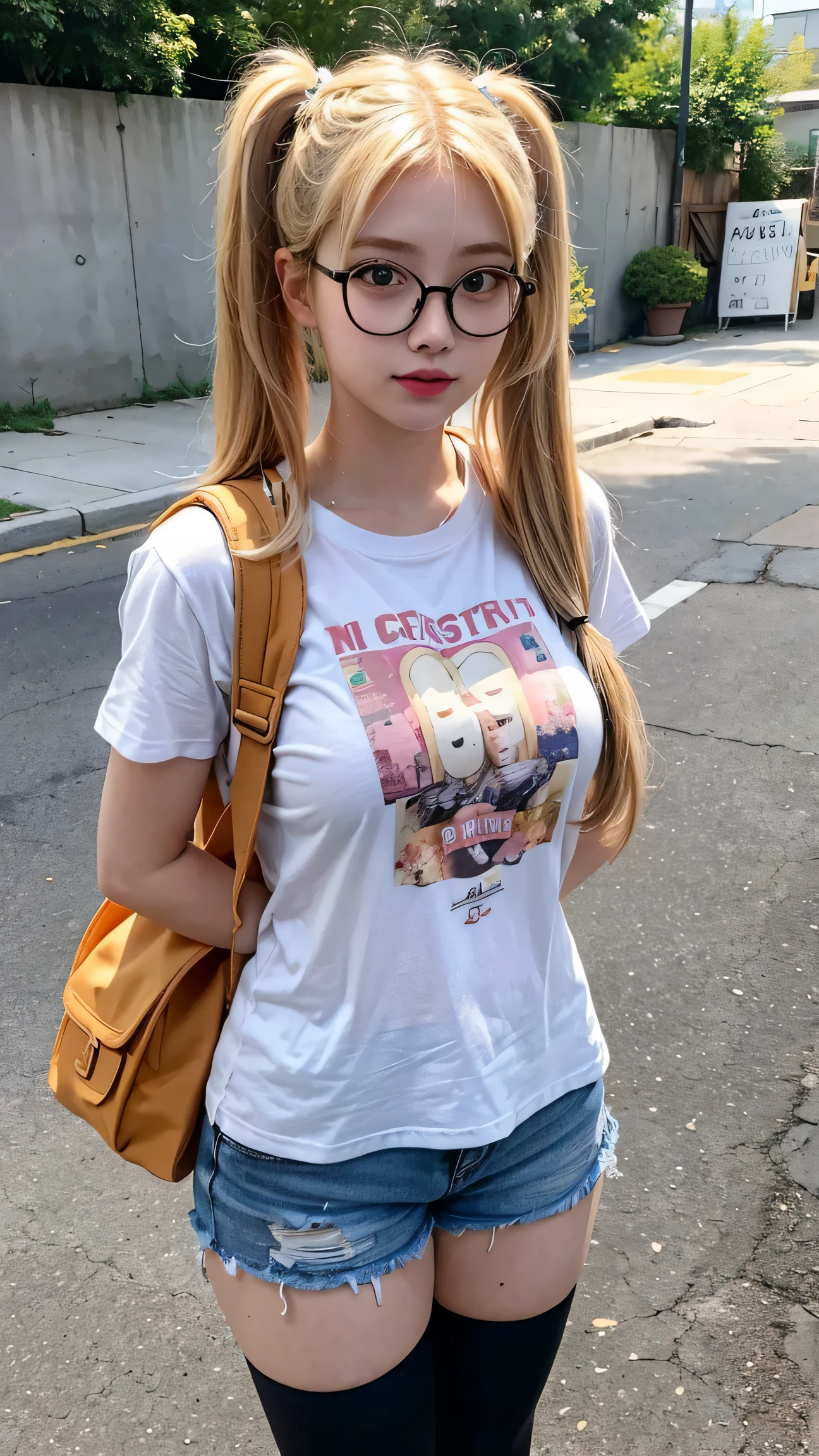 Best quality: 1.4, high resolution, perfect lighting, (1 girl), 20 years old, big breasts, American, blonde hair, square frame glasses, pigtails, carrying a backpack, outside, ugly T-shirt, stripes high socks