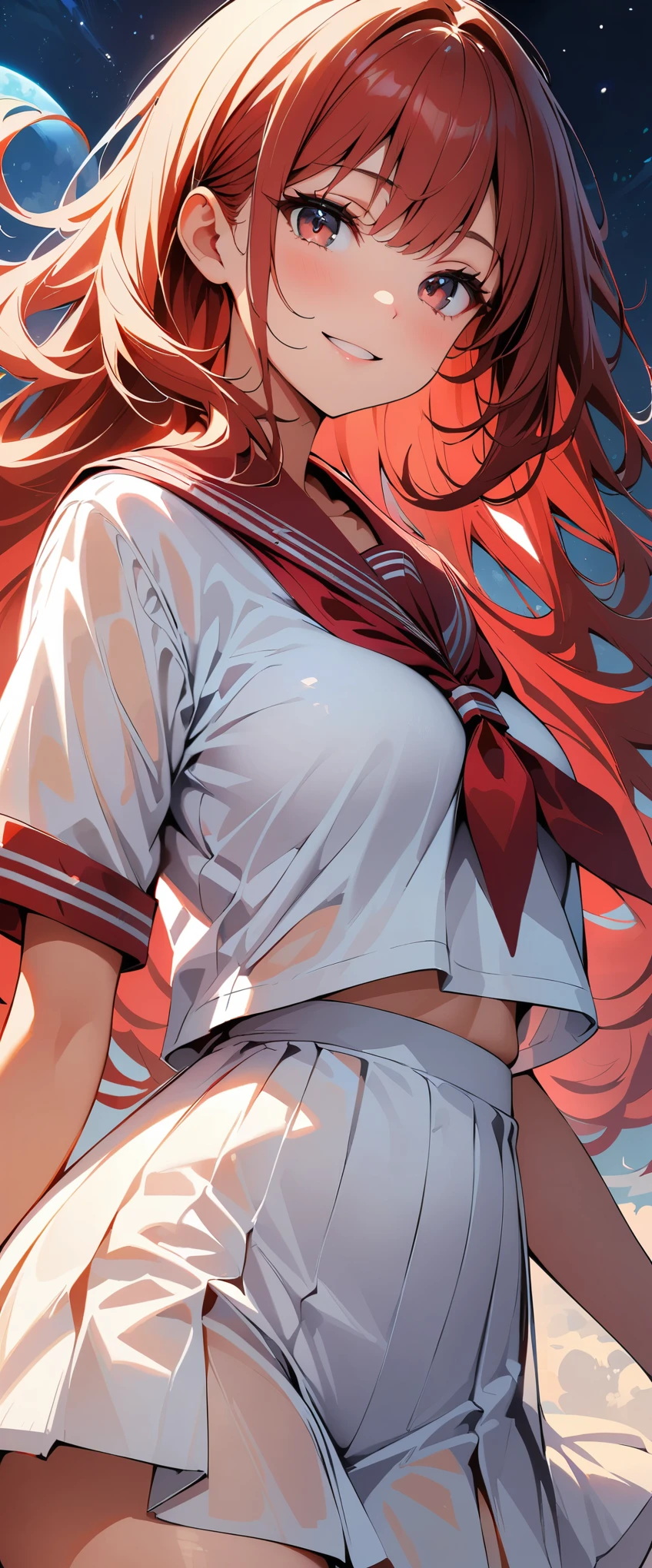 (high quality, 8k, 4k, high contrast, masterpiece:1.2, best quality, best aesthetics), (dynamic angle), Super detailed, ((fantasy:1.2, Light Effects)), Depth of the bounds written, HDR, very detailed, space background, high detail, Sun reflecting the moon, sailor suit, (See-through:1.3), sailor dress, red theme, looking at the viewer, Insanity, messy long hair, detailed and beautiful eyes, hair shines, elevation angle, red sailor collar, light smile,