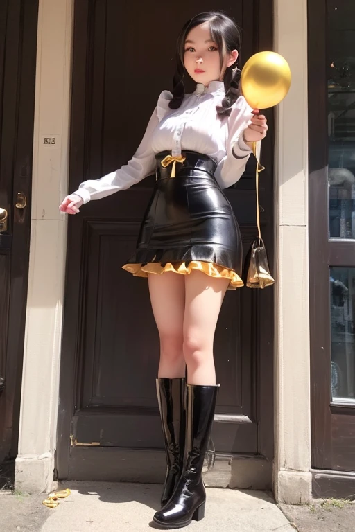 balloon seller girl, a 17 years old girls, (((she is having a  gold balloon))) , real photo, (((full body))), (looking down at me),  twin tails, big ribbon on he hair, (leather dress, boots), 