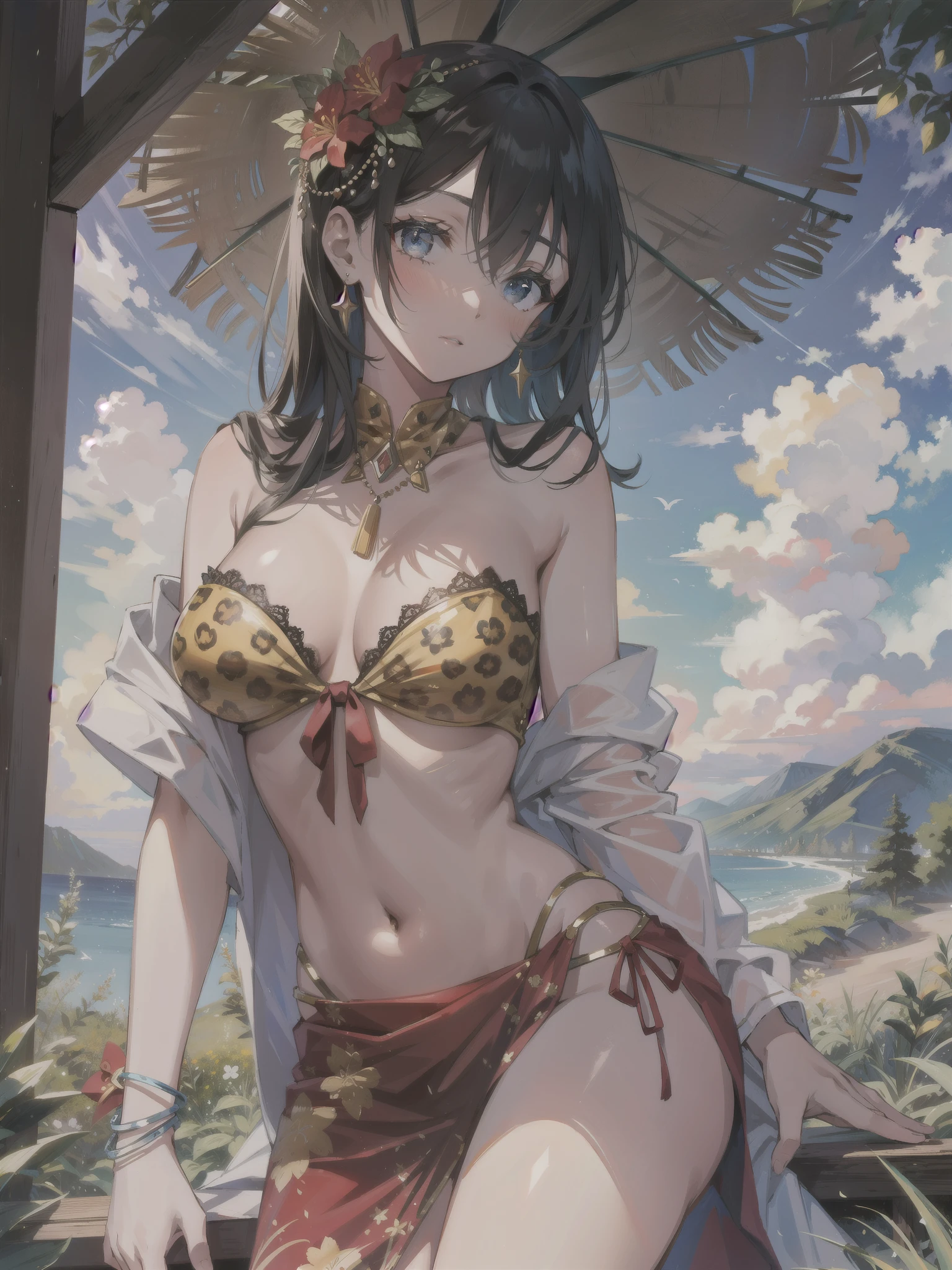 masterpiece, best quality, yamibouquill, dark skin, hair flower, front-tie top, sarong, leopard print, bracelet, large breasts, strapless, cowboy shot, looking at viewer, jungle, sky, clouds, mountains