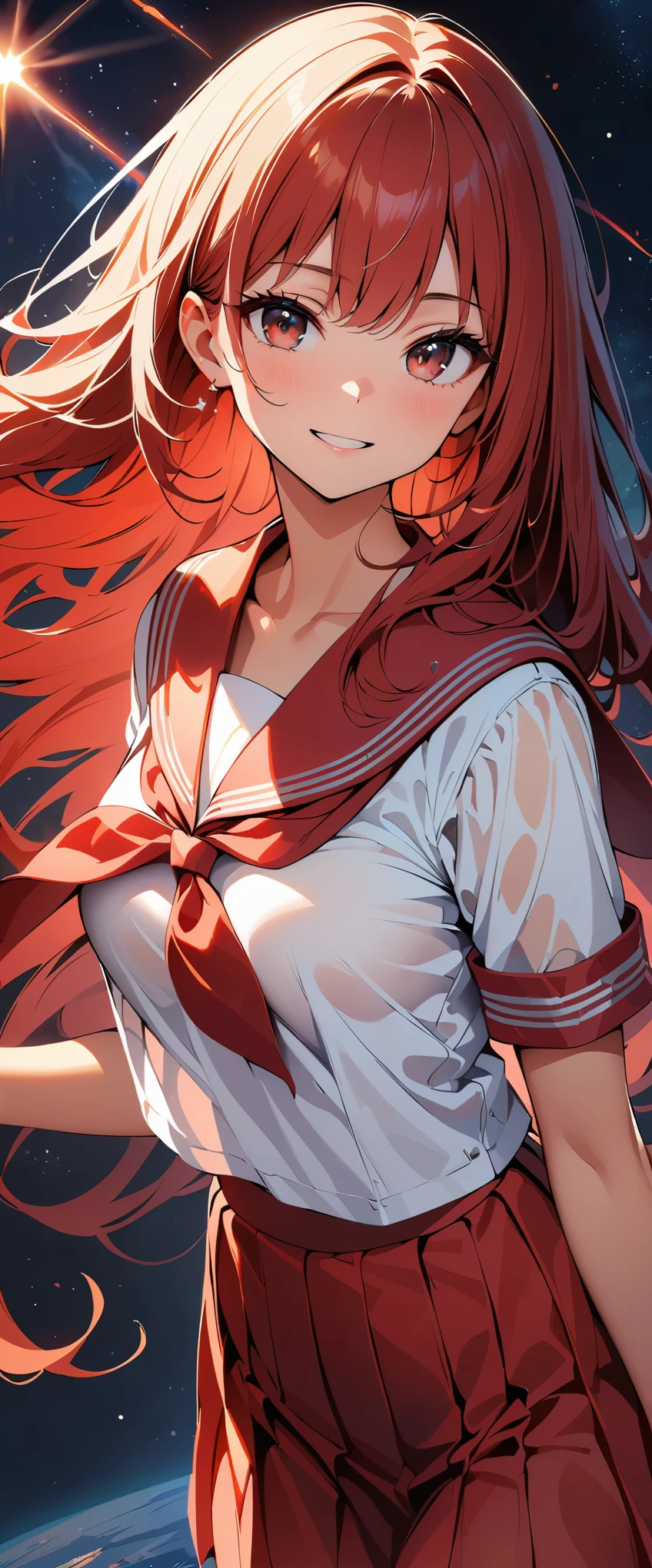 (high quality, 8k, 4k, high contrast, masterpiece:1.2, best quality, best aesthetics), (dynamic angle), Super detailed, ((fantasy:1.2, Light Effects)), Depth of the bounds written, HDR, very detailed, space background, high detail, Sun reflecting the moon, sailor suit, (See-through:1.3), sailor dress, red theme, looking at the viewer, Insanity, messy long hair, detailed and beautiful eyes, hair shines, elevation angle, red sailor collar, light smile,